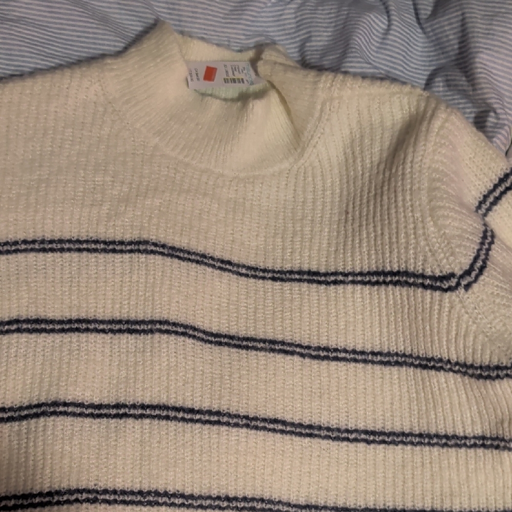 Maurices Women's Ivory and Navy Striped Crewneck Sweater